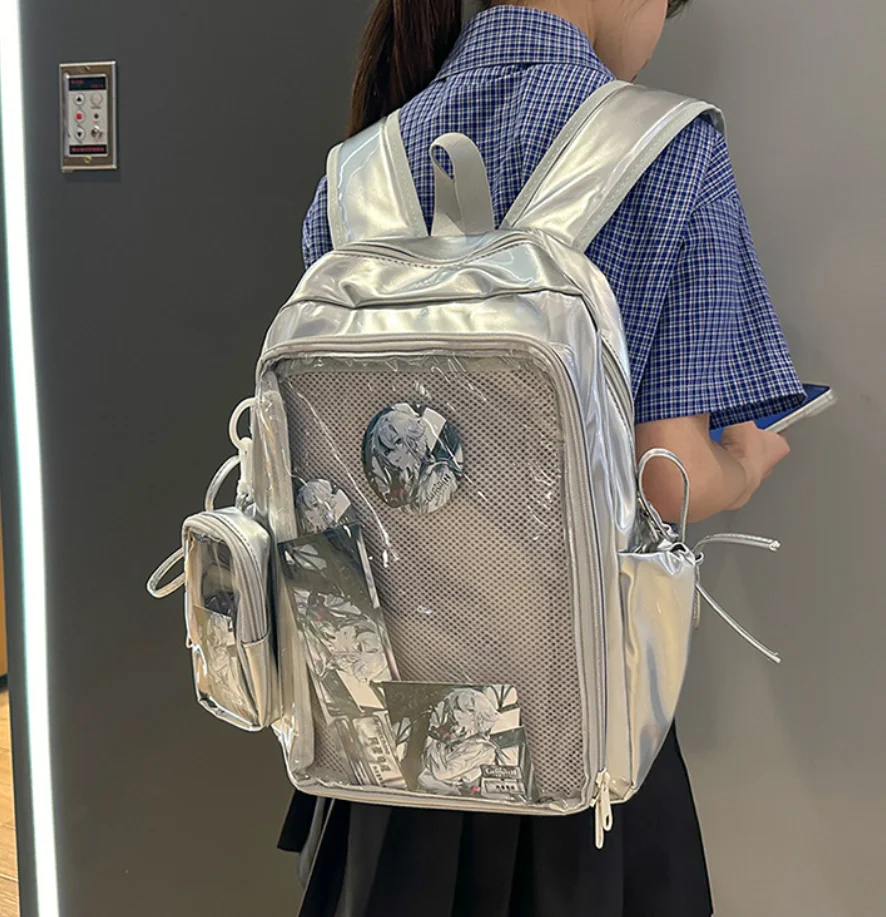New Large Capacity PU Students DIY Anime Badge Ulzzang Ita Bags Y2K Aesthetic Women Backpacks Individuality Mochilas Para Mujer