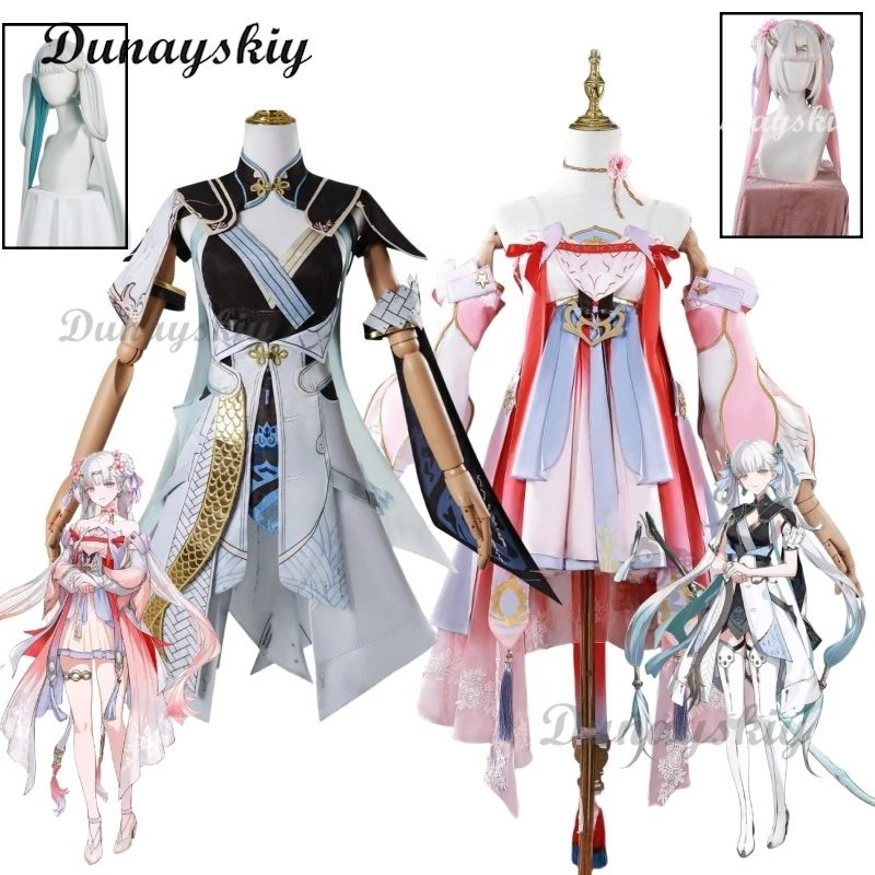 # $%) Gioco Wuthering Waves Jinhsi COS ()(*&......% Parrucca Festival di Primavera Vestito Rosa Vestito Verde Parrucca Jinhsi Hanfu Scarpe Donna Halloween