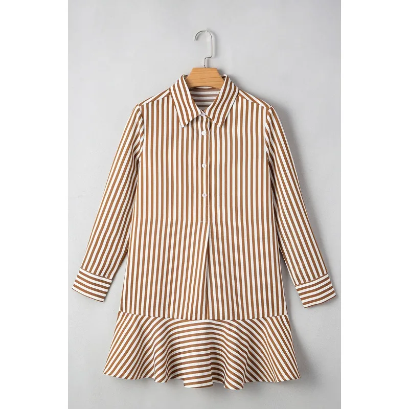 2025 Autunno Moda Stripe Casual Concise Camicia Abito da donna Colletto rovesciato Manica intera Monopetto Patchwork Abito elegante