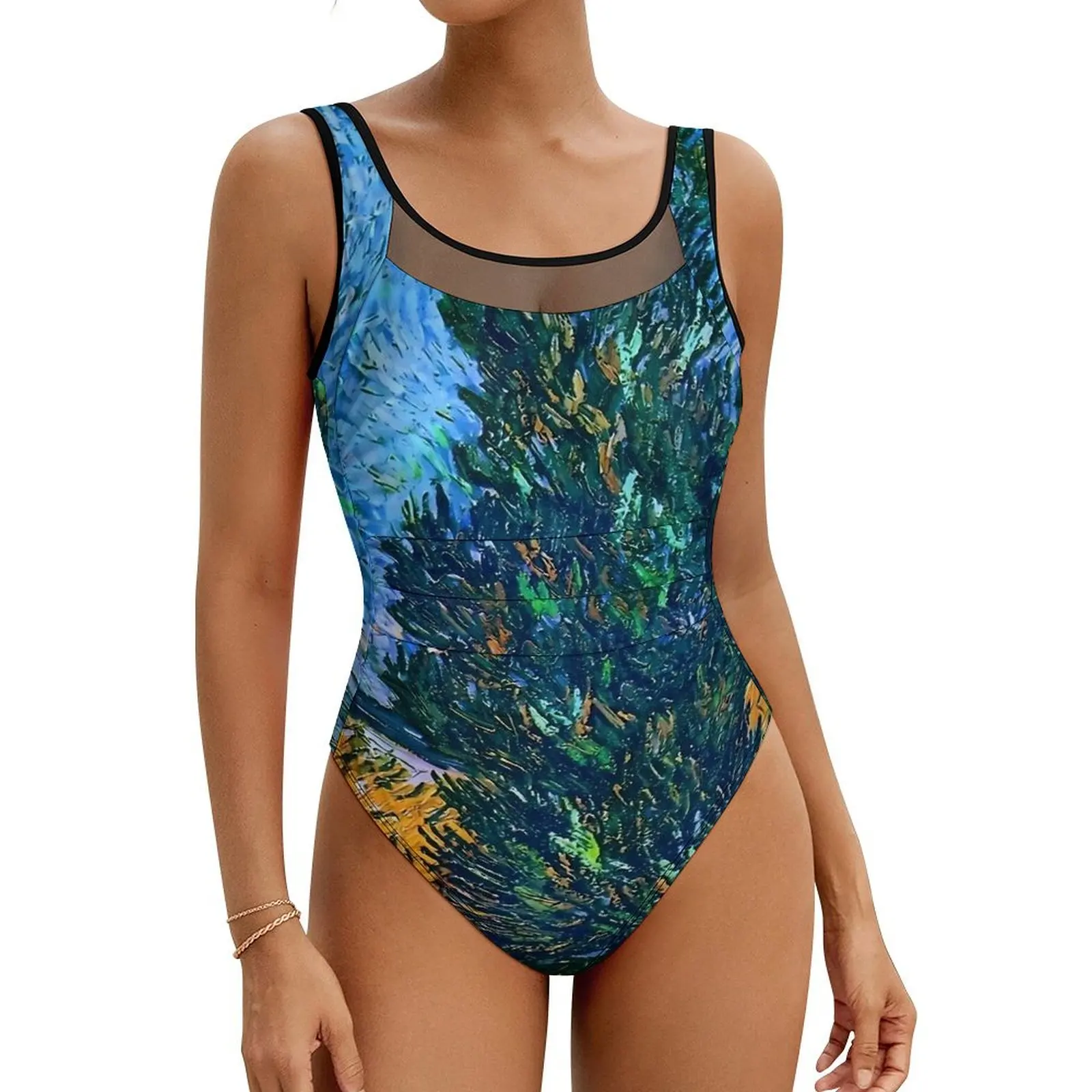 

Van Gogh Swimsuit Road with Cypress and Star One Piece Swimwear Push Up Aesthetic Bathing Suit Sexy Holiday Graphic Beachwear