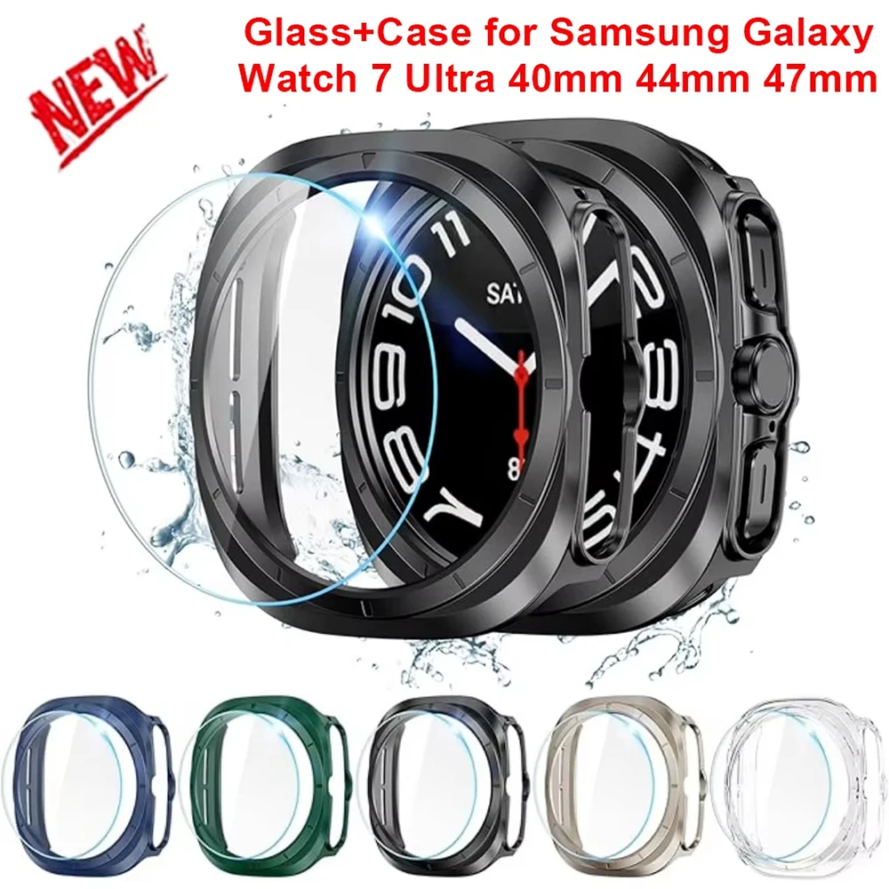Hollow PC Case for Samsung Galaxy Watch 7 40mm 44mm Waterproof PC Hard Bumper Galaxy Watch Ultra 47mm Cover+Screen Protector