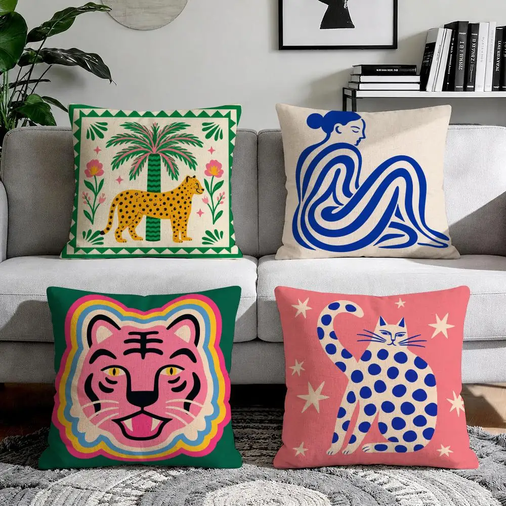Funky Animal Colorful Maximalist Cushion Cover Natural Breathable Durable Linen Printed Decor Pillow Case Sofa Bedroom