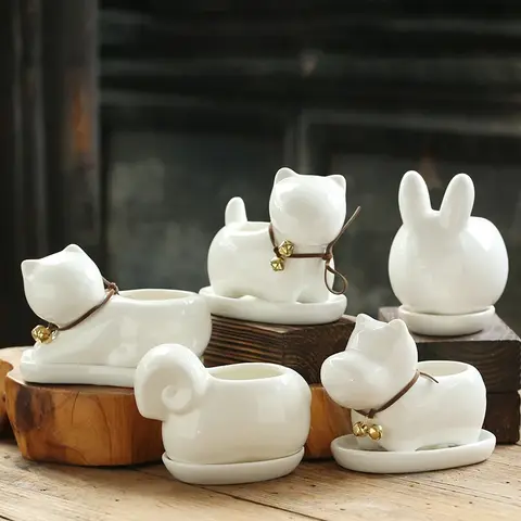 Ceramic Animal Planters Pot, Succulent Planter Pots with Drainage Tray, Small Animals Flowerpot for Home Office Decor