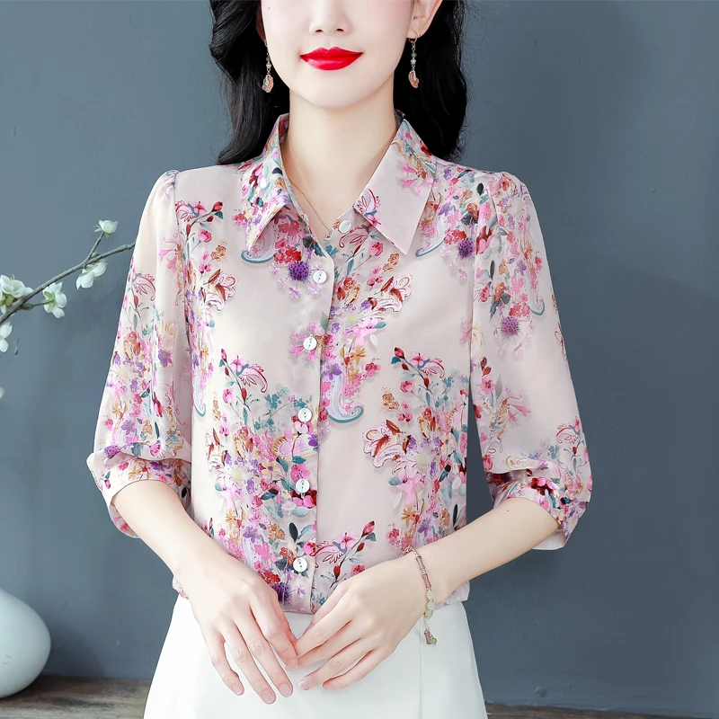 Korean Fashion Silk Chiffon Blouse Shirt Turn Down Collar Summer Clothing Single-breasted 3/4 Sleeve Women Floral Printed Tops