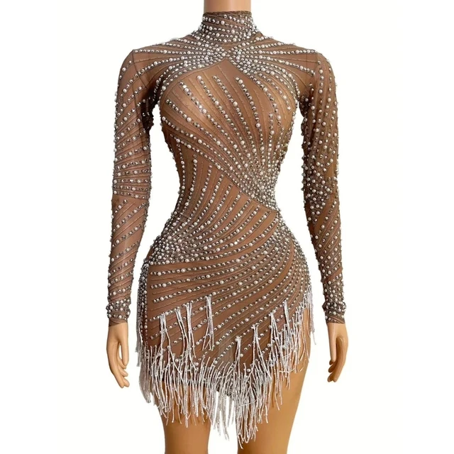 Vestido de malla con perlas y diamantes de imitación para mujer, traje transparente para fiesta de baile