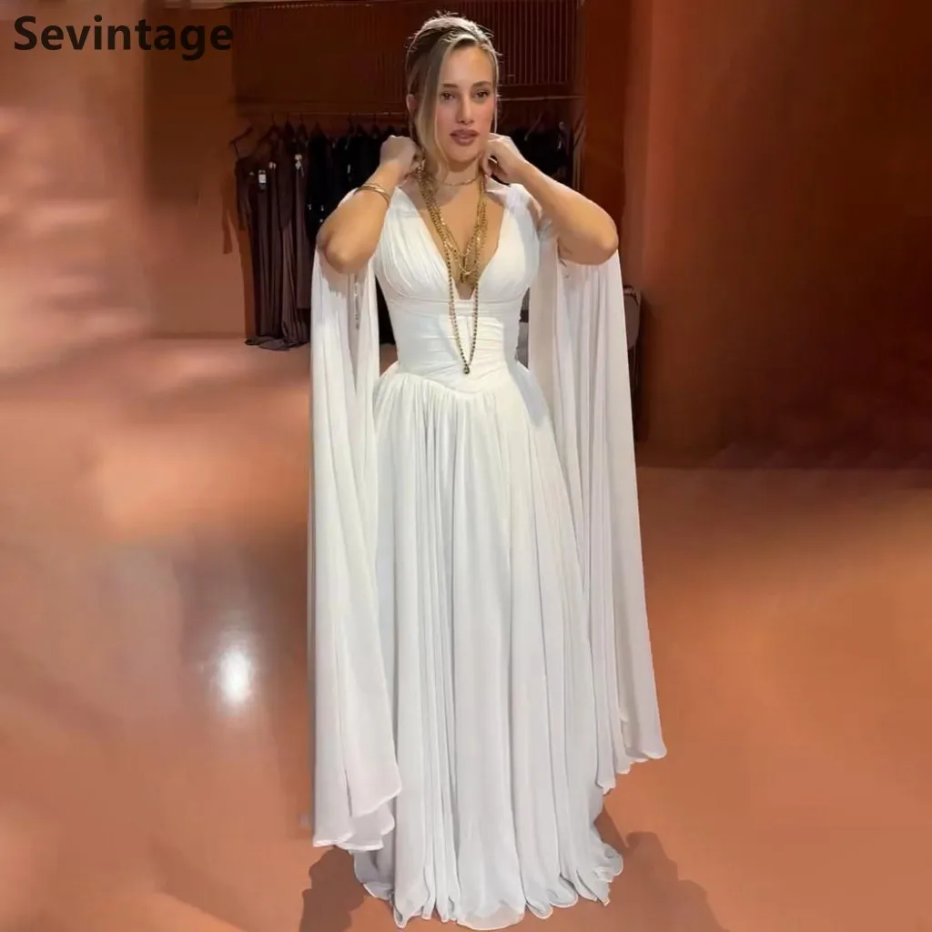 

Sevintage 2025 White A Line Sexy V Neck Chiffon Maxi Evening Dress With Cape Saudi Arabic Prom Dress Dubai Party Gown Customized