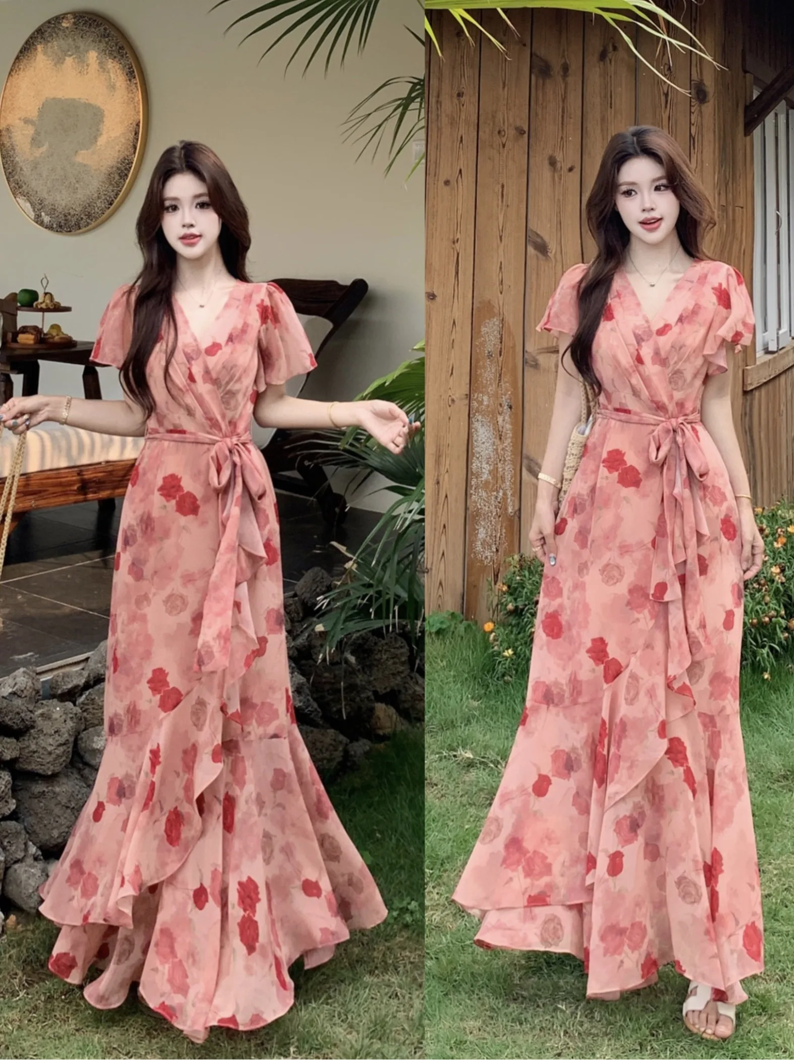 

plus Size Floral Print Beach Dress Slimming Waist V-Neck Long Sleeve Maxi Dress with Pleated Skirt High Waist Korean Style