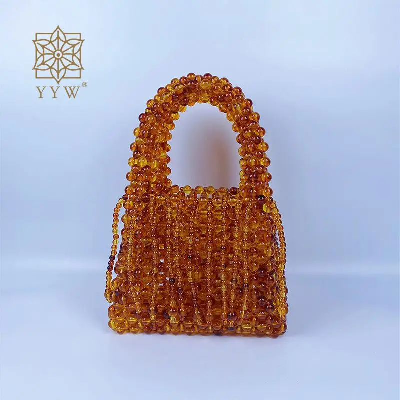 Vintage Amber Acrylic Handmade Beaded Woven Tassels Bag Mini Hollow Pearl Top Handle Purse Elegant Designer Lady Evening Handbag