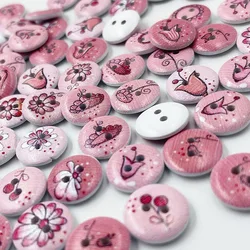 30/50/100pcs Pink Flower Print Mix Round Wood Button Sewing Scrapbooking Clothing Crafts Handwork Accessories 15mm WB872