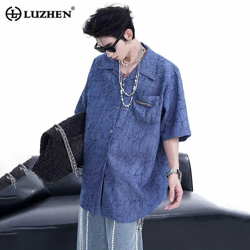 

LUZHEN Metal Decorate Pleated Design Short Sleeved Shirt Original New Stylish Handsome Korean High Quality Men's Clothes LZ4439