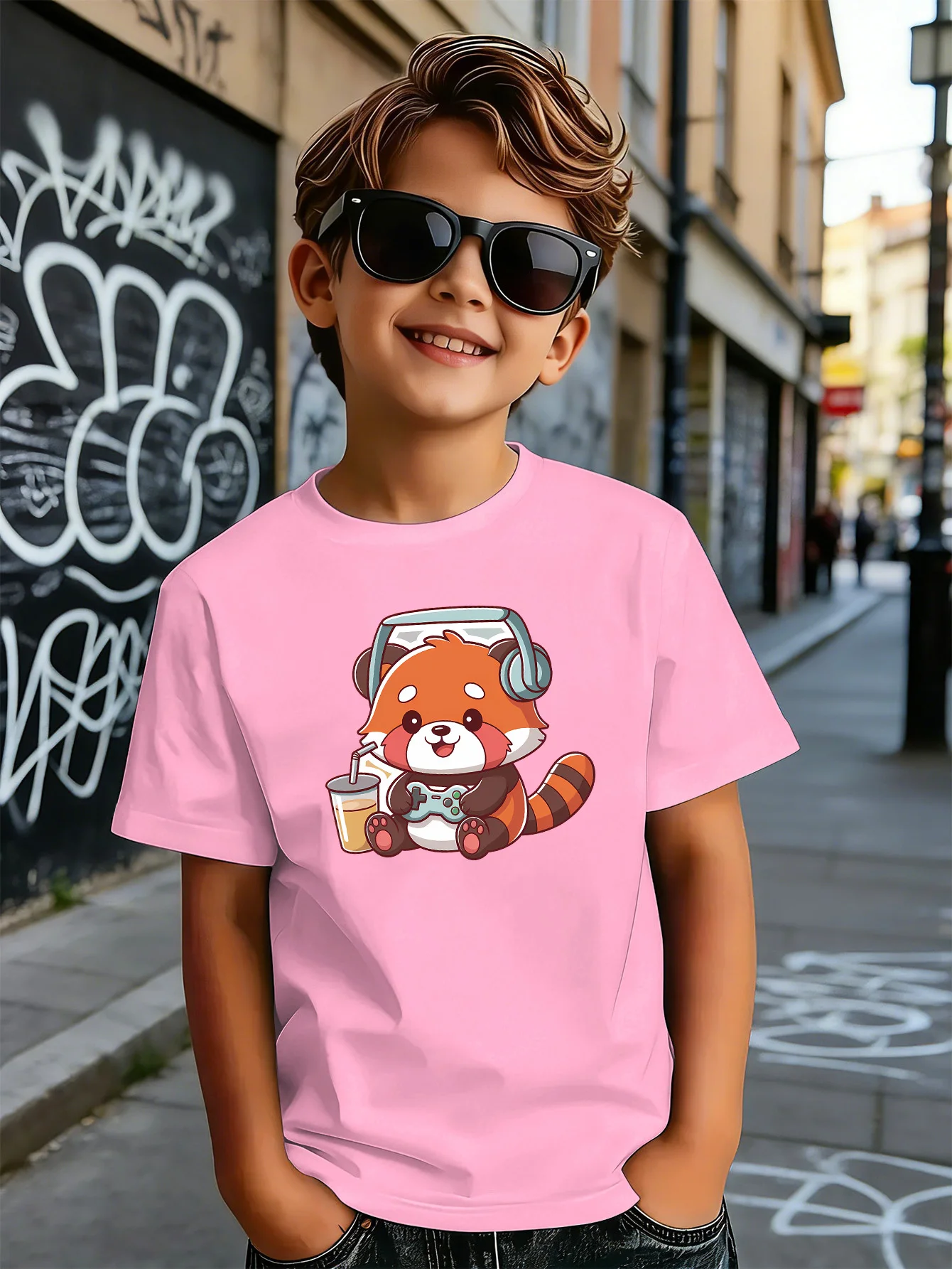Gamer Red Panda Headset Cute Cartoon Print Boys Girls Family Matching Cotton Short Sleeve Crew Neck Soft Summer Kids Casual Tees