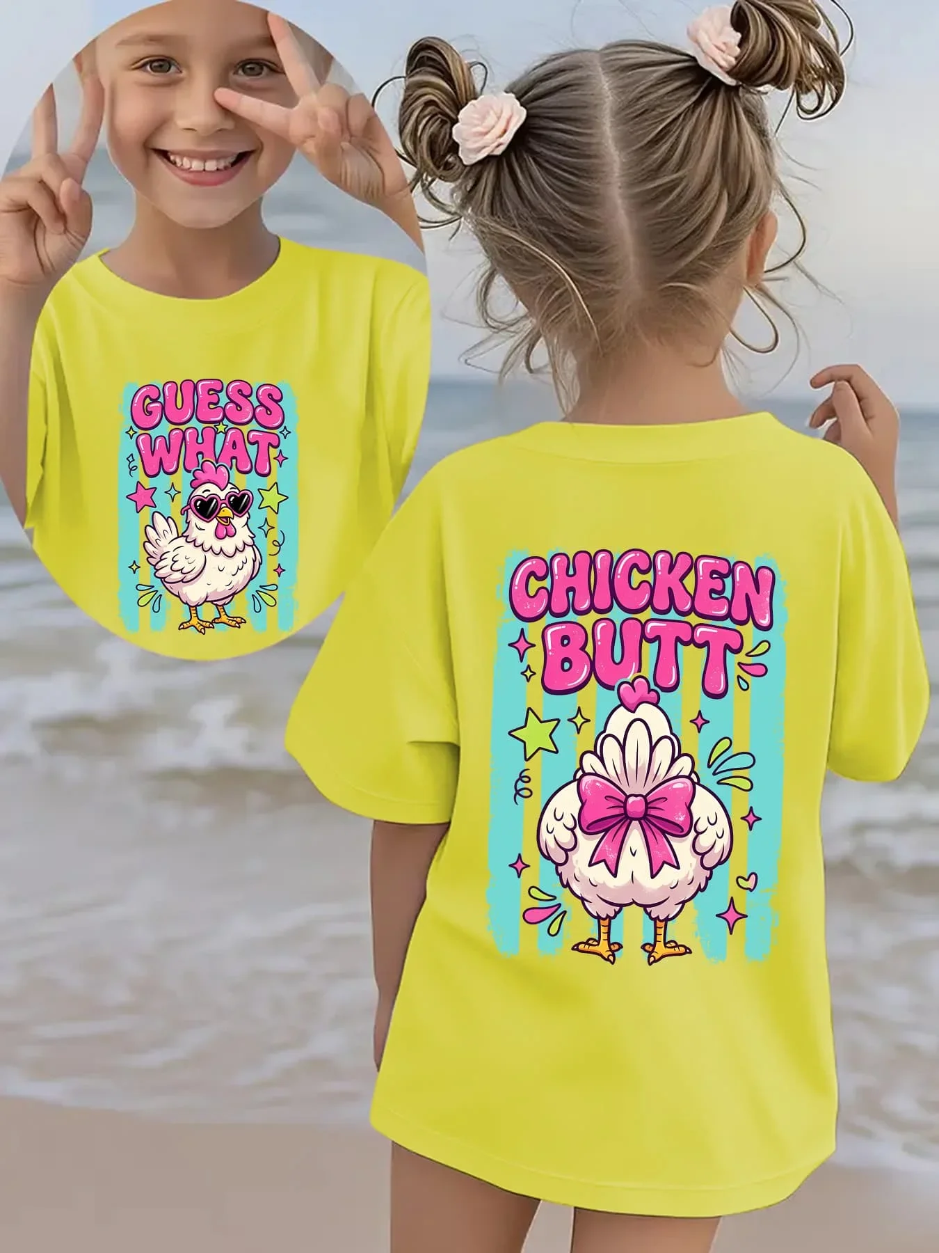 YBY Girls Thanksgiving T-Shirt Letter Chick Bowknot Cartoon Print Short Sleeve Double Side Summer Casual Fashion Kids Tee