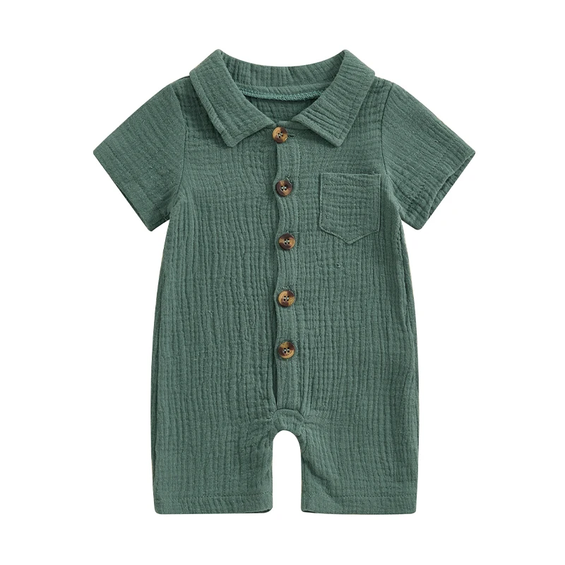 

Infant Baby Boy Summer Jumpsuit Solid Color Short Sleeve Lapel Button Down Romper