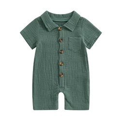 Infant Baby Boy Summer Jumpsuit Solid Color Short Sleeve Lapel Button Down Romper