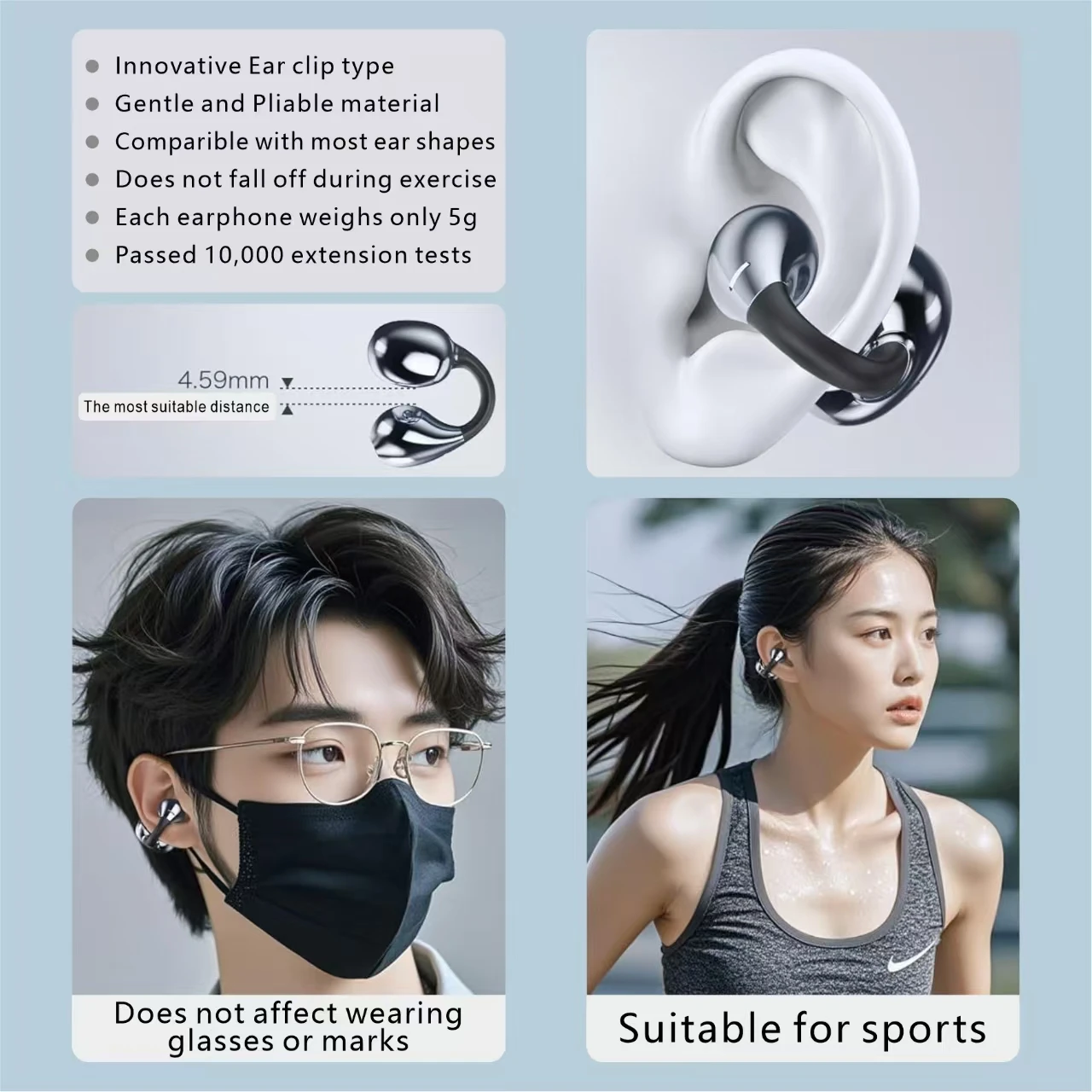 New Ear Clip Wireless Bluetooth 5.4 Earphones Open Ear Sporty Earphones RCV noise reduction for phone call