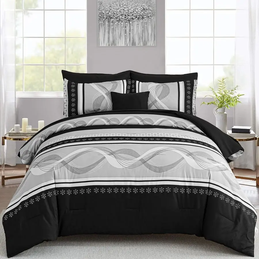 

Black Comforter Set Queen Size,8 Pieces Boho Bed in a Bag Patchwork Striped Comforter Set, Soft Microfiber Bedding Set for All S