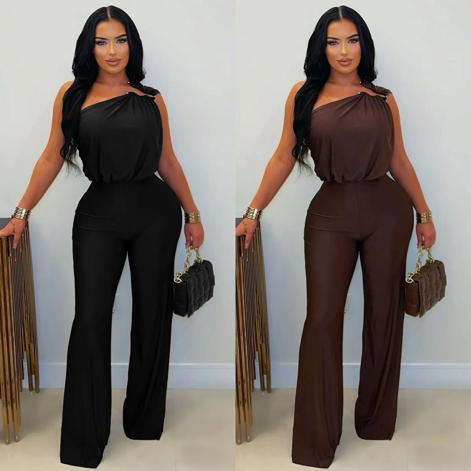

Faionable Off-The-oulder Wide-Leg Jumpsuits for Women Casual High-Waist Long Pants Polyester Thin Autumn Season Clothing