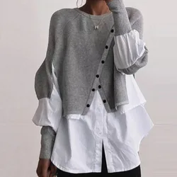 2024 Knitting autumn Women's Fake Two-Piece Suit O-neck Long Sleeve Button Patchwork Sweaters Female Casual Trendy Lady Clothes