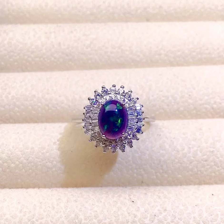 

Dazzling 925 Silver Black Opal Ring for Party 6mm*8mm Natural Black Opal Silver Ring Brithday Gift for Woman