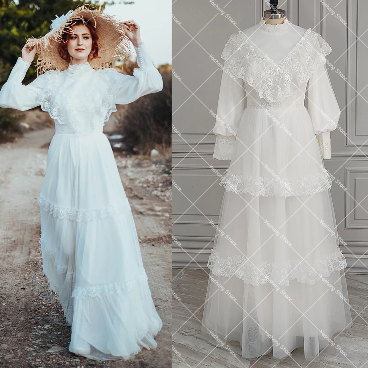 Long Puffy Sleeves Victorian Wedding Dress Customized Plus Size Retro A Line High Neck Modest Baptism Vintage Lace Bridal Gown