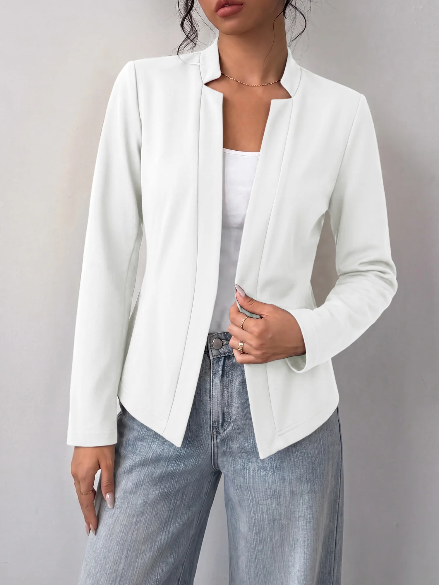 Women Minimalist Solid Long Sleeve Blazer Stand Collar Open Front Slim Fit Everyday Wear Outer Coat