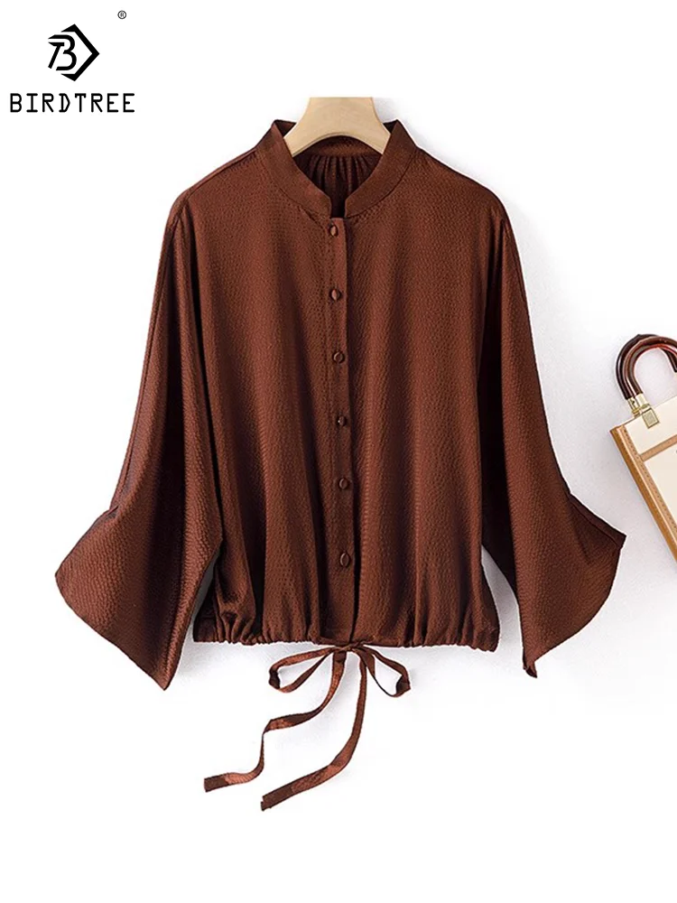 

Birdtree 93% Silk 7% Spandex Fashion Elegant Shirt Stand Collar Long Sleeve Simple Casual Short Blouse For Women OL New T30612QM