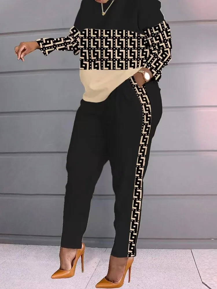 2024 Autumn Elegant Two Piece Set Fashion Print Women\'s Suits Long Sleeve Top And Slim Pencil Pants Sets Femme Casual Outfits