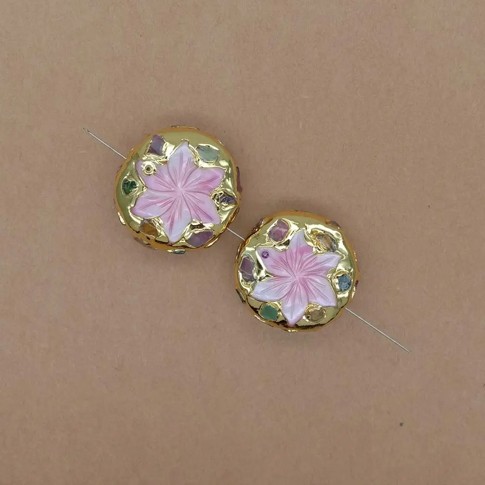 

Wholesale 5 PCS Pink Shell Carved Flower Two-sided Tourmaline Gold Plated Beads Connector Jewelry DIY Accessories Supply