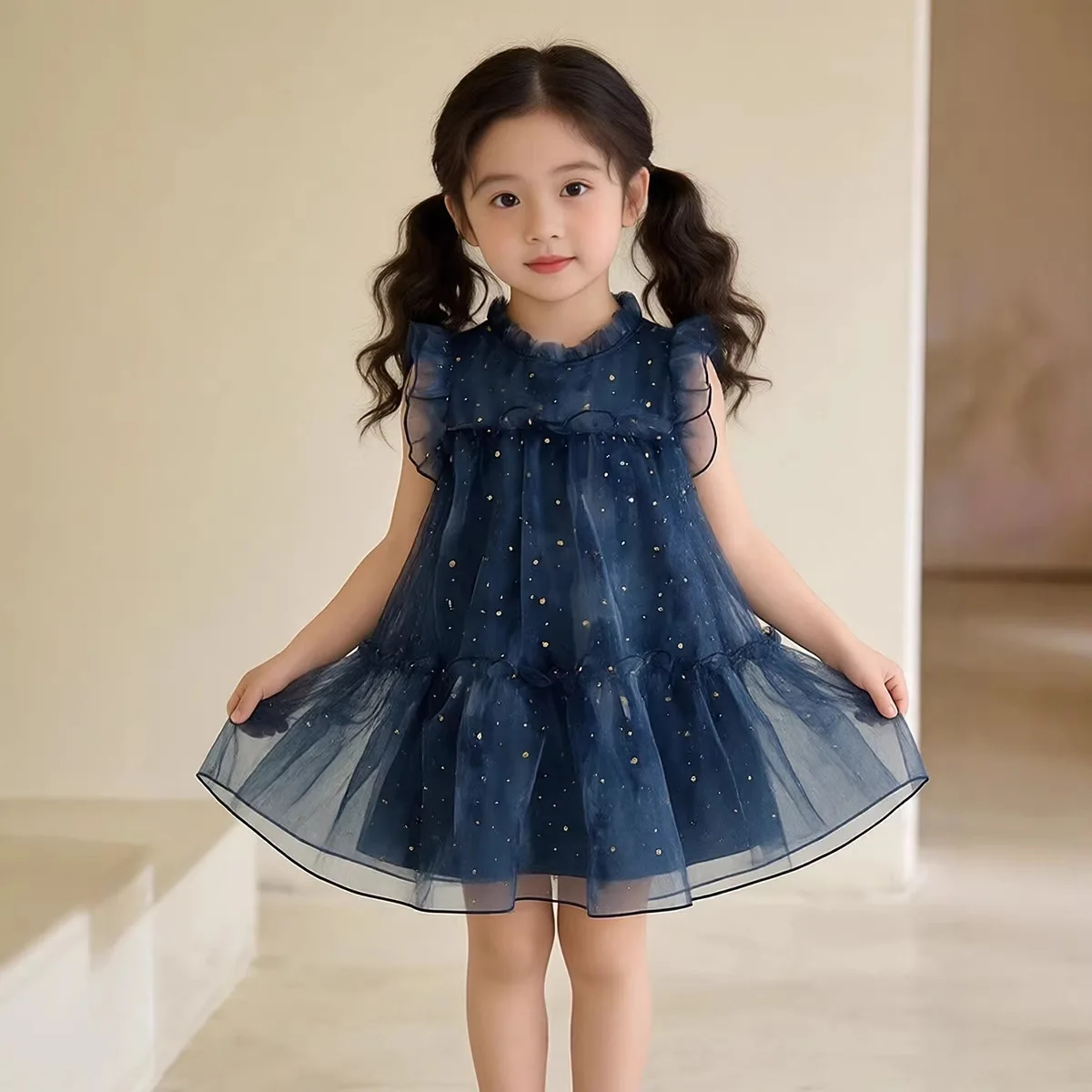 2026 Summer New Girls Elegant Lightweight Dress Flutter Sleeve Starry Gold‑Dot Mesh Children Princess Blue Dress