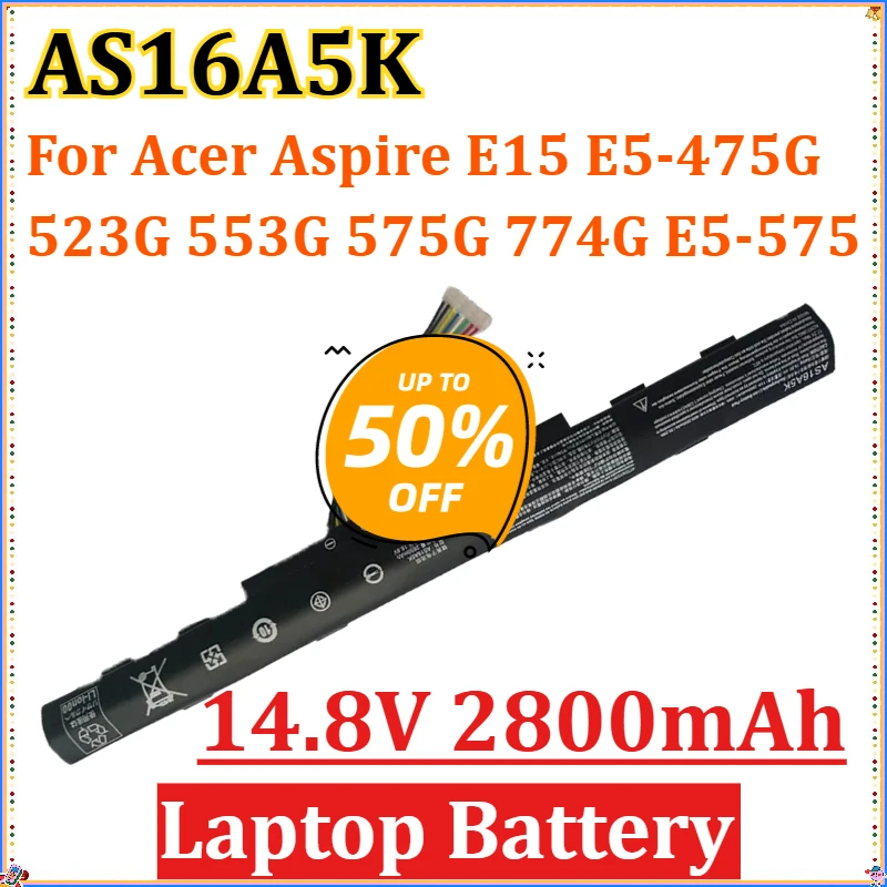 

Аккумулятор для ноутбука Acer Aspire E15 E5-475G 523G 553G 575G 774G E5-575-59QB E5-575 E5-575G-53VG 2800 мАч AS16A5K высокой емкости