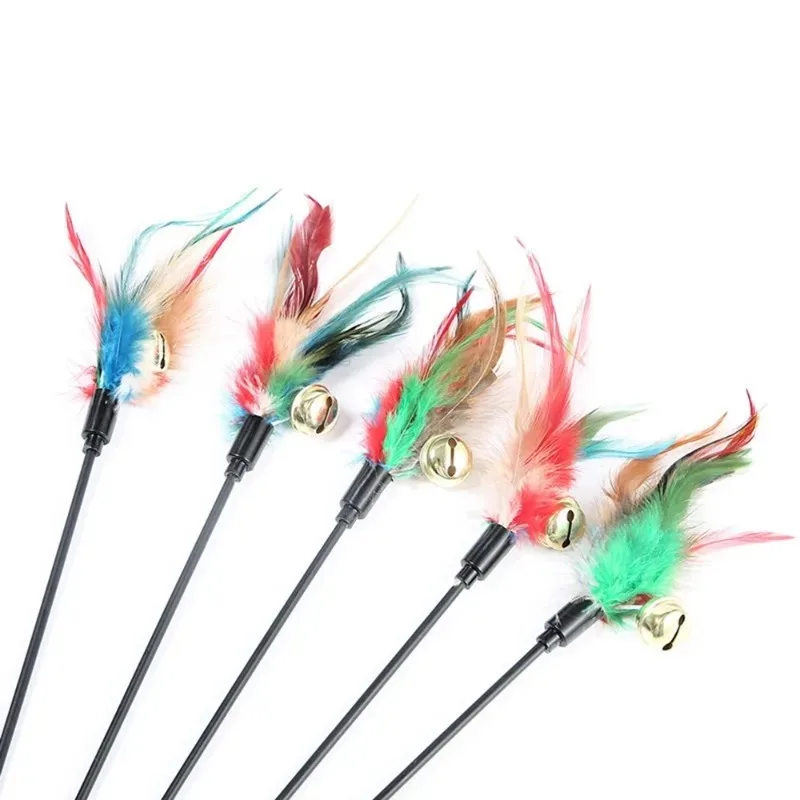 Interactive Wand Colorful Feather5pcs/set Cat Chicken Feather Cat Stick Bell Portable Creative Fashion Novelty Pet Cat Supplies_voghion.com