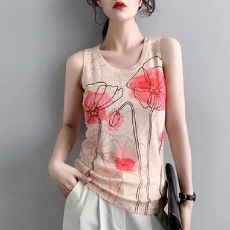 Women's Clothing Contrasting Colors Patchwork Sleeveless Tanks Fashion Printed Slim Round Neck 2023 Summer Daily All-match Camis