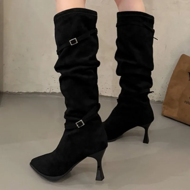 

Suede Long Boots for Women High Heels Fashion Buckle Shoes 2025 Designer Elegant Dress Pumps New Brand Party Knee Botas De Mujer