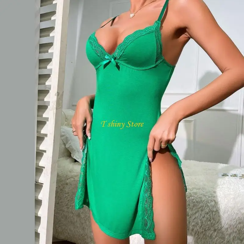 

N58F Elegant V Neck Lace Trimmed Side Slit Sleep Dress Nightgown Cami Lingerie Chemise For Women