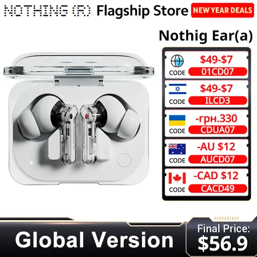 Imagen 1 del producto Versión global Nothing Ear (a) Auricular Bluetooth 45dB Cancelación activa de ruido ANC Dinámica 42,5 horas de escucha Diseño de moda