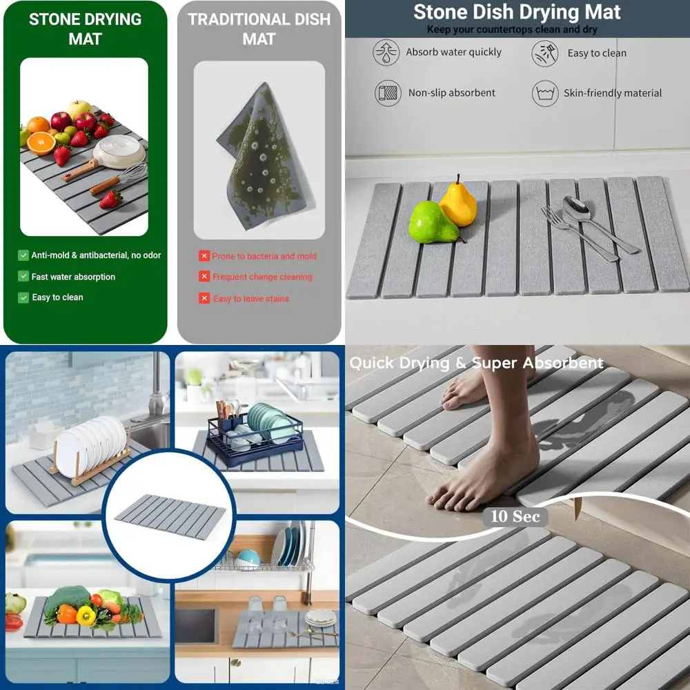 

Large Grey Quick-Dry Stone Dish Drying Mat - 24x16 Inches, Foldable for Kitchen & Bathroom Use