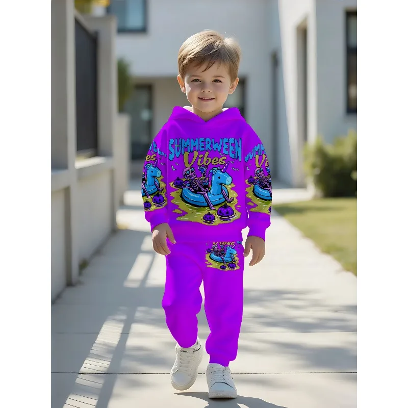 Kids Hoodie Jogger: Summerween Unicorn Skeleton Print, Cute Witch Ghost Graphic, Drip Alien Cat Tracksuit