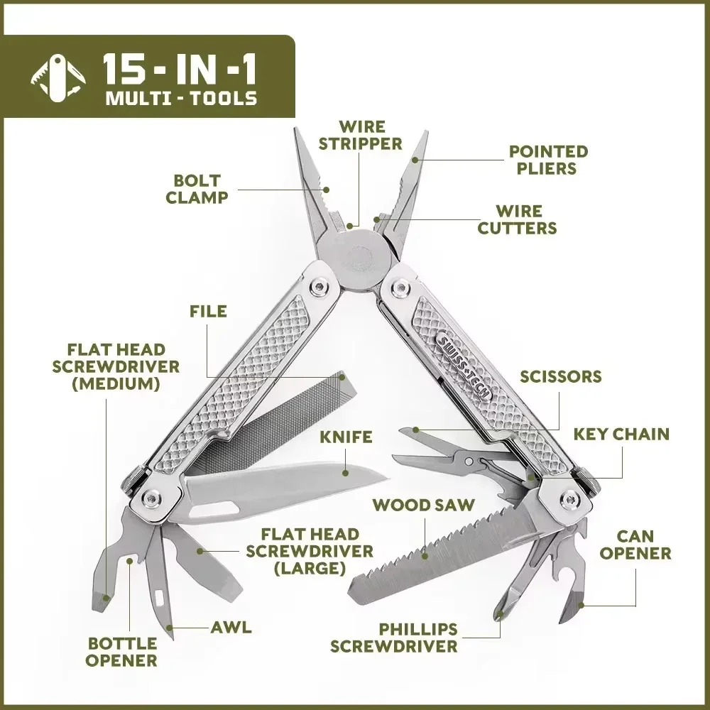 SWISS TECH 15 in 1 Multitool Folding Pliers Multifunction EDC Tool Pocket Knife Scissors Camping Outdoor Repairing Tools