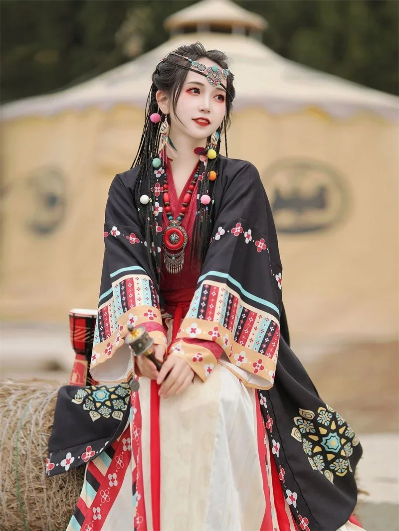 Original Embroider Hanfu 2Pcs Ancient Chinese Costume Women Clothes Wei Jin Dynasty Black Hanfu Warrior Gladiator Halloween