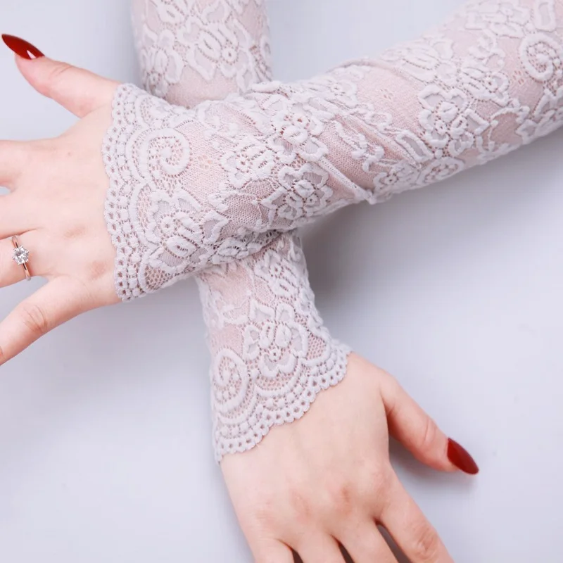 Women Black White Beige Pink Sun Protection Long Arm Sleeves Gloves Lace Gloves Wedding Party Dress Guantes Driving Gloves 43CM