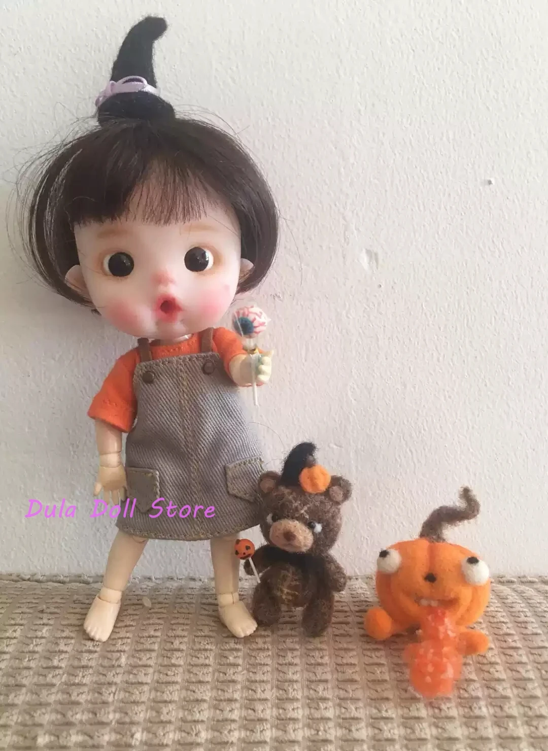 Dula Doll Handmade Wool felt Halloween bear pumpkin hugging doll for Blythe Qbaby ob11 gsc Azone Licca ICY JerryB 1/6 Bjd Doll