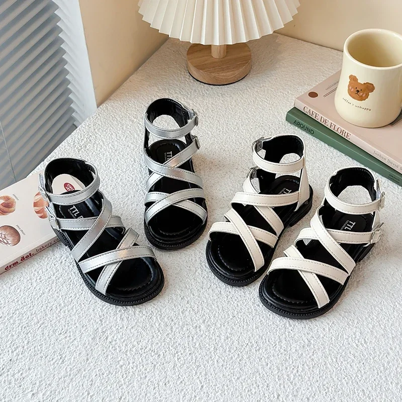 

2025 Girl's Sandals Sliver Beige Narrow Band Ankle-high Trendy Kids Summer Sliders Minimalist Daily-wear Open Toe Children Shoes