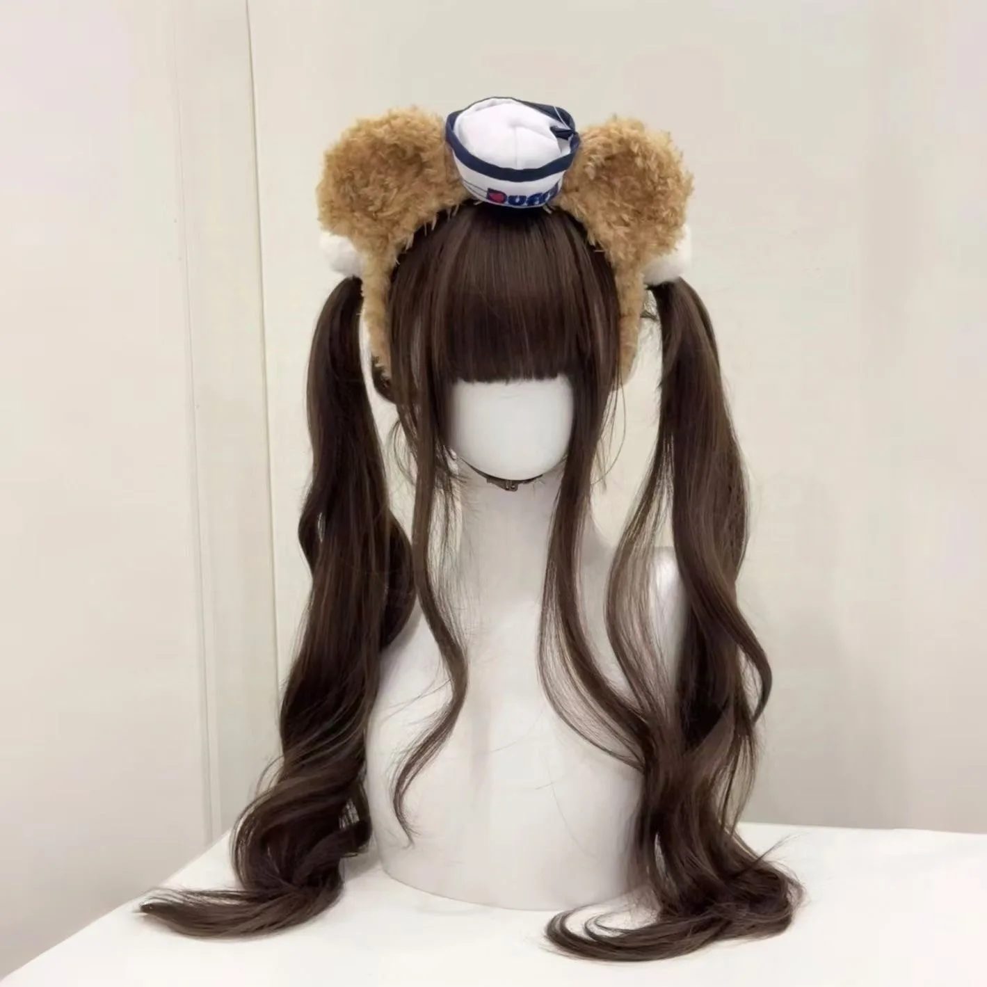 Synthetic Long Curly Twin Tails Wig for Women Daily Natural Look Brown Cosplay JK Style Lolita Vibes Cute Bangs Party Costume