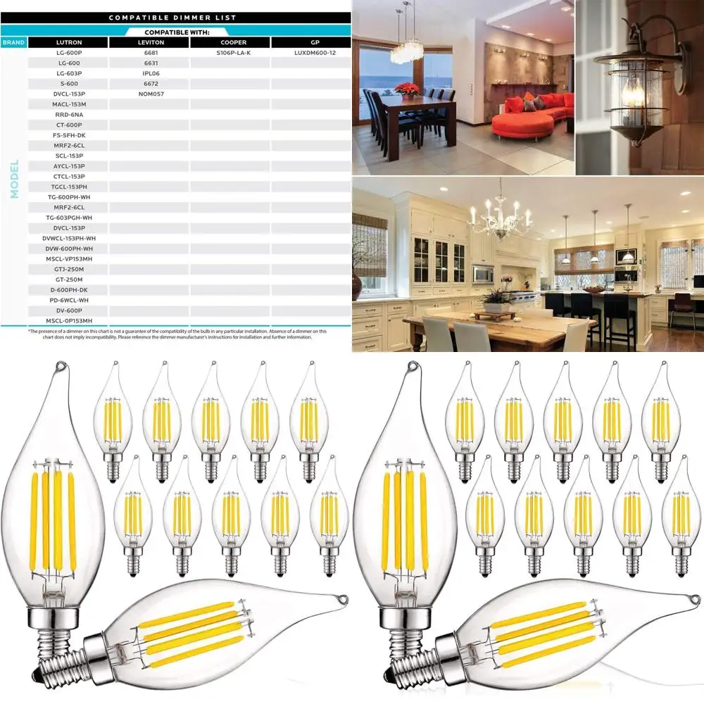 

60W Vintage LED Candelabra Bulb, 550 Lumens, 3000K Soft White, Dimmable, 5W, Clear Glass, Filament, E12 Base, 12 Pack