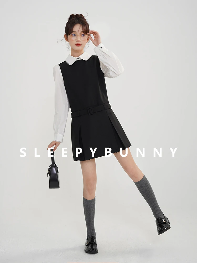 

Preppy Black White Pleated Mini Dress Women Contrast Color Fake Two Piece Outfit Belt Elegant Spring Short Dress School Look