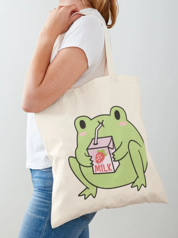 Froggie sipping a milk box Tote Bag bag luxury women Canvas bag Reusable bags