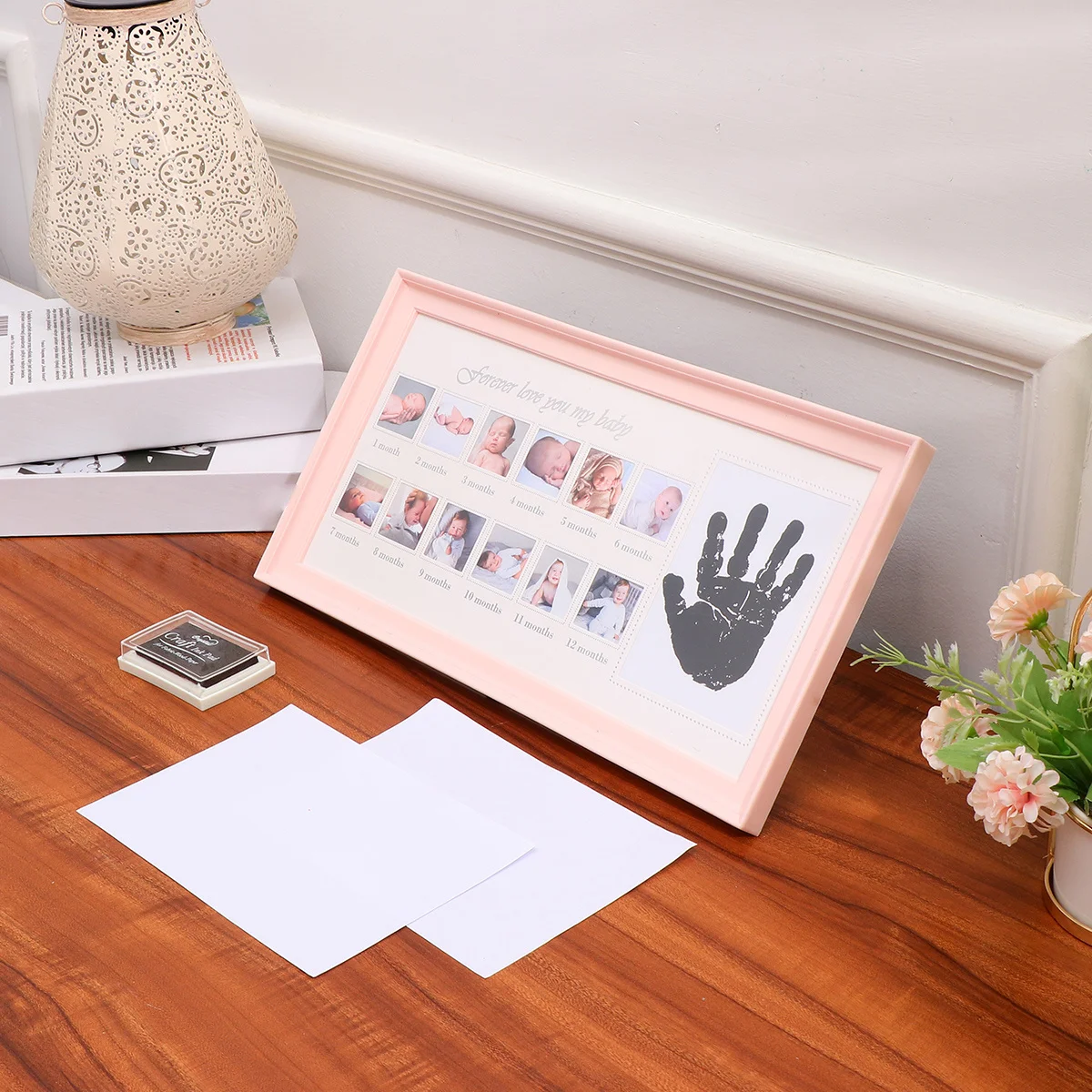 

1pc Baby Hand Footprint Photo Frame 12-Month Growth Tracker For Newborn Infant Blue Memory Gift Display Holder
