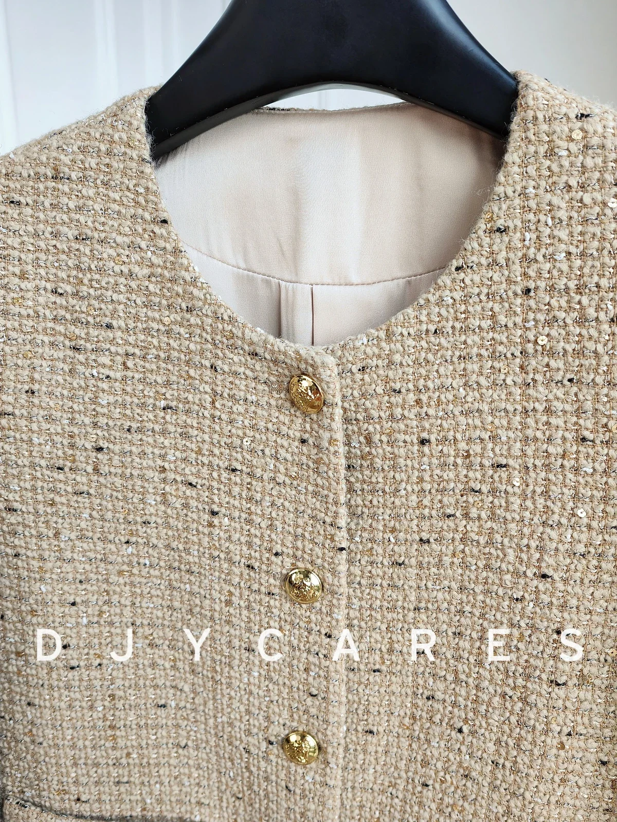 New Coarse tweed versatile brown top with metal buckle round neck jacket big  size