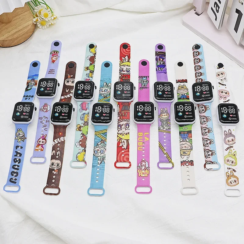 NEW Labubu children‘s watches Cartoon print strap button LED square Waterproof electronic watch boys girls birthday toys gifts