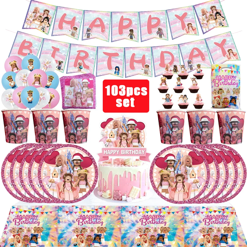 مجموعة ألعاب تزيين حفلات أعياد الميلاد من روبلوكس الوردية، مفرش طاولة، بالون كعكة، طبق كوب، مستلزمات حفلات للفتيات #2